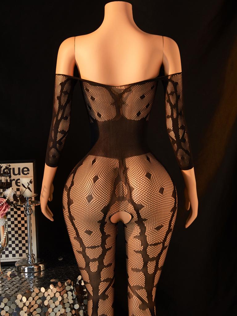 Women'S See Through Sexy Lingerie Off Shoulder Hollow Out Bodysuit Sexy Open Crotch Stripe Jumpsuit Night Club Party Lingerie
