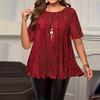 T Shirts For Women Pleated R-Neck Dressy Casual Blouses Printing Short Sleeve Summer Tops Loose Fit