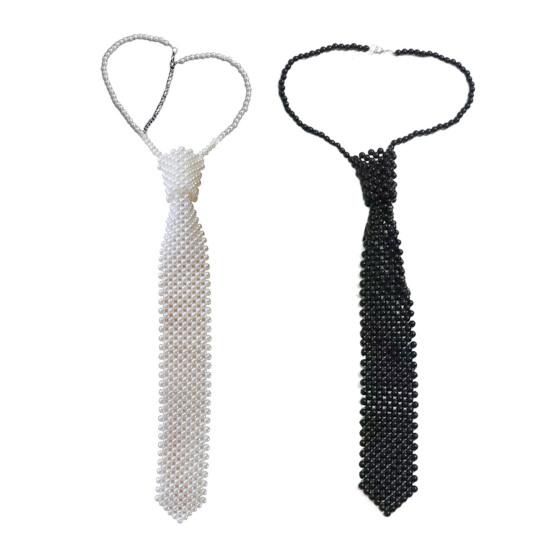 Women Necktie, Faux Pearls Wedding Guest Tie, Decorative Business Suit Tie, Outfit Accessory for Formal Events