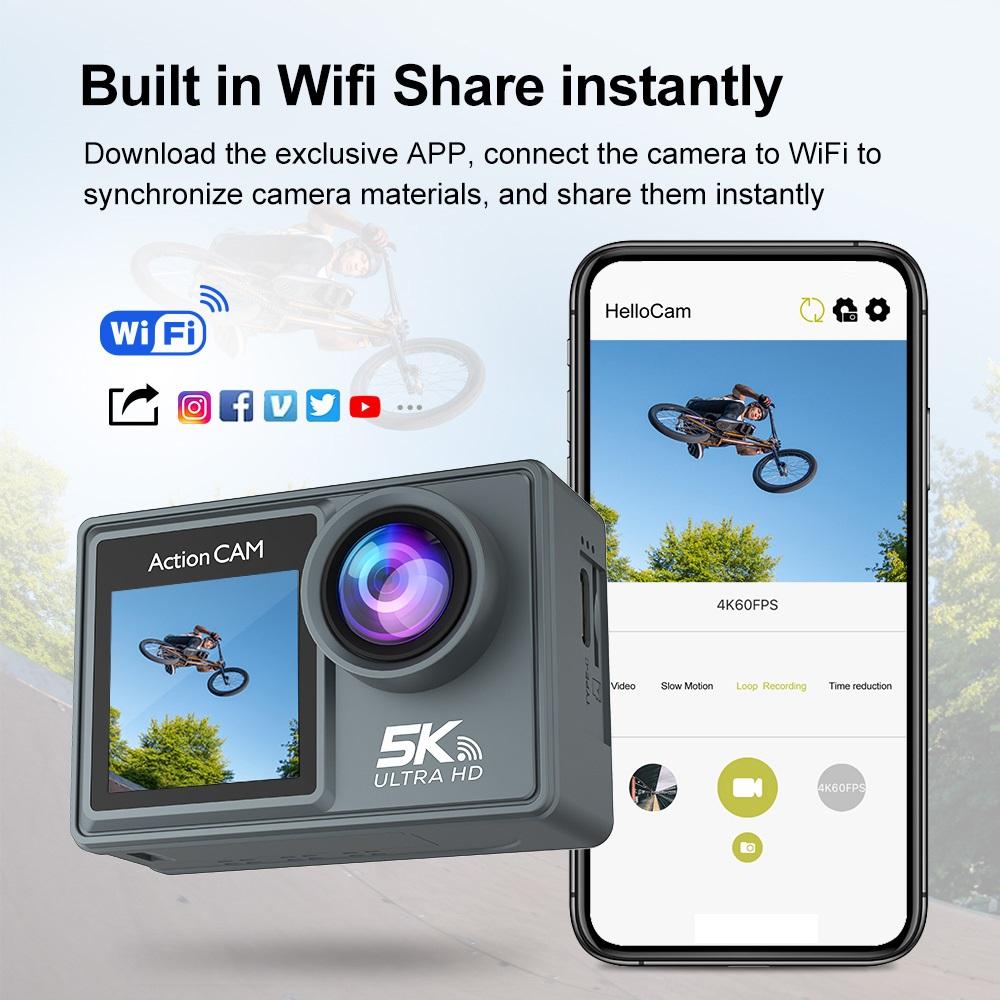 Høydefinisjon 5K Knapp Dobbel Skjerm Sports DV WIFI Fjernkontroll Utendørs Vanntett Kamera Dykkerkamera