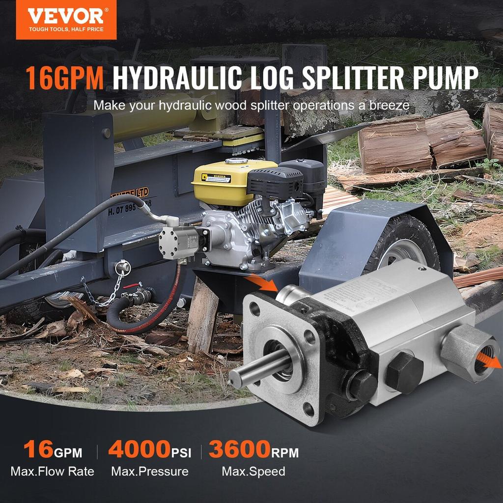 Hydraulická sada čerpadla pro štípačku dřeva, 16 GPM, dvoustupňové hliníkové hydraulické zubové čerpadlo 4000 PSI, s ventilem, vstup 1'', výstup 1/2'' NPT, 3600 ot./min, pro malé