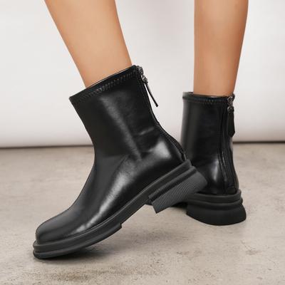 Evropský a americký styl Dámské jednoduché módní černé robustní podpatek Kulatá špička Kozačky Dámské zip vzadu PU kůže Kotníkové boty