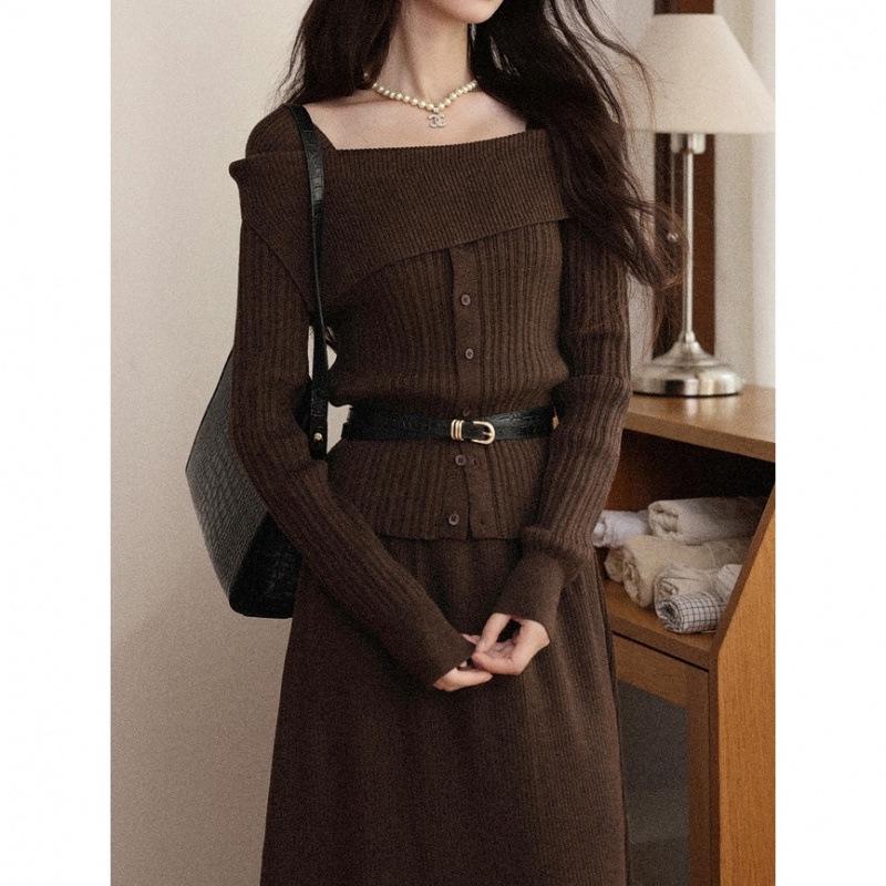 Elegant One-Shoulder Knit Suit Skirt - 2025 Two-Piece Date Outfit
