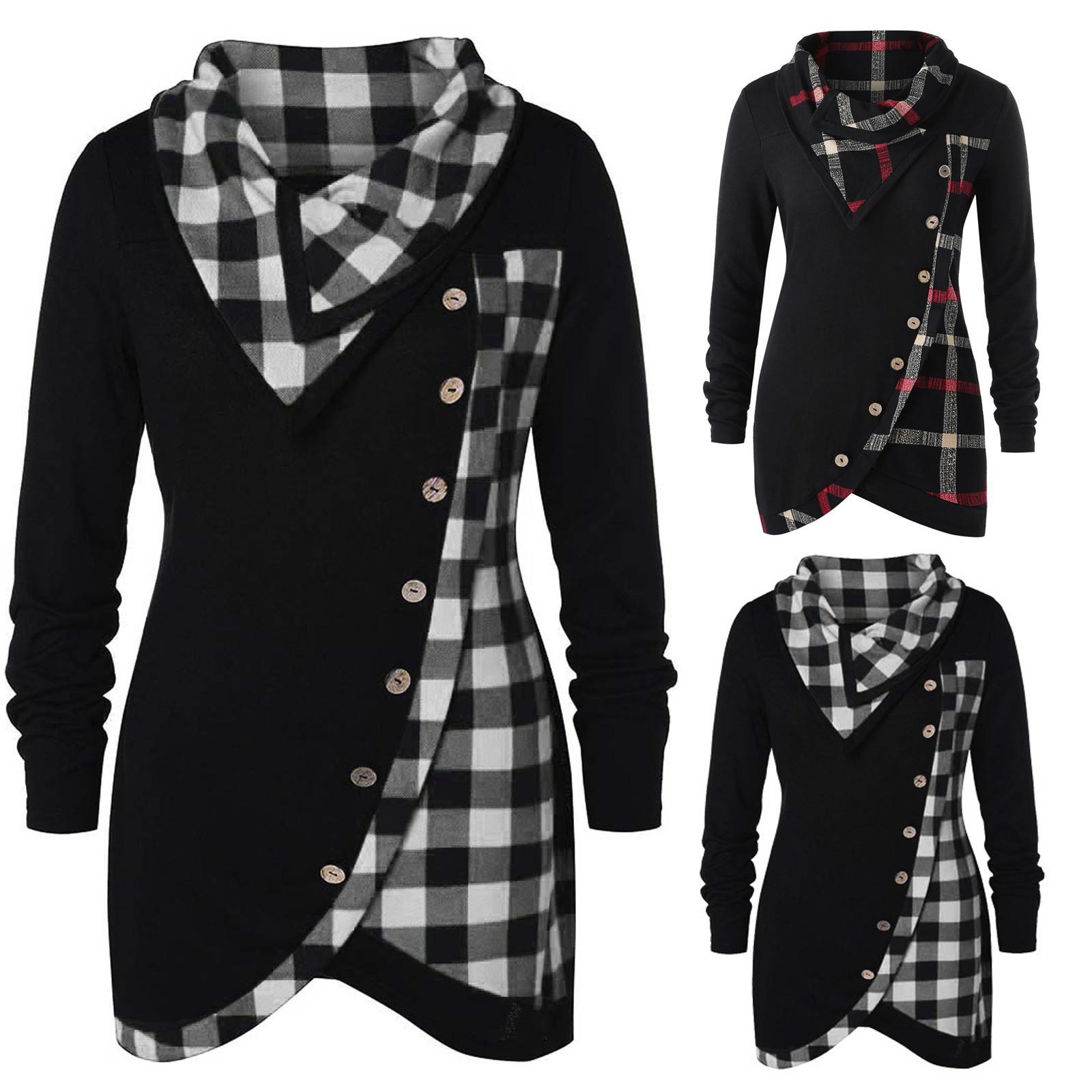 

Женская толстовка с капюшоном и воротником в клетку, с завязками и косыми пуговицами, туника, топы, блузка