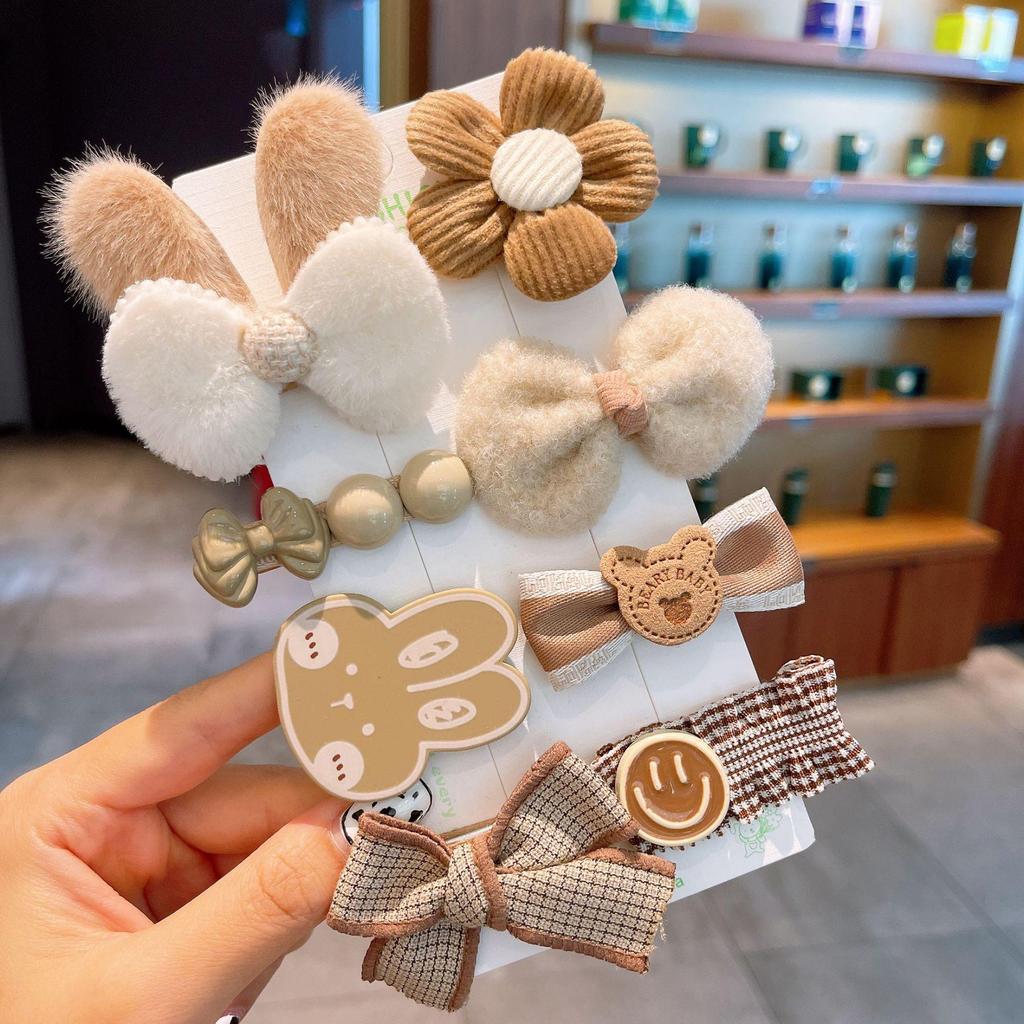 Autumn & Winter Plush Bear Hair Accessories: Cute Milk Coffee Wool Flower Butterfly Hairpin for Children