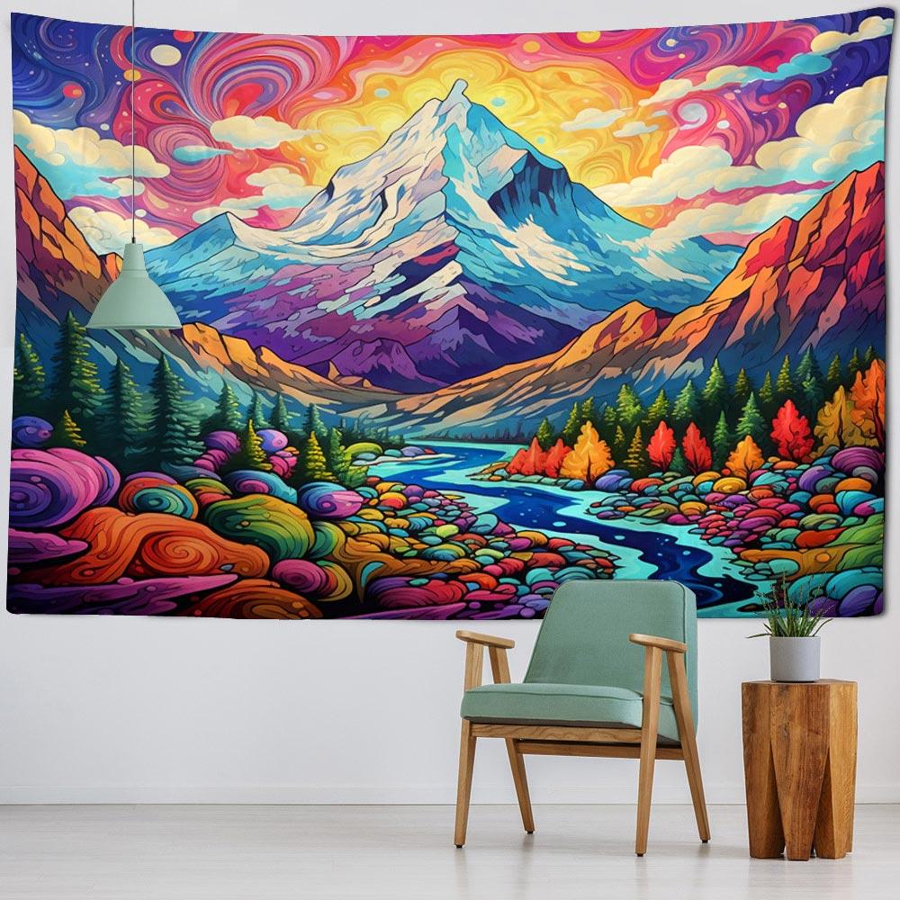 Natural Landscape Oil Painting Tapestry Wall Hanging Bohemian Mountain Forest Background Wall Bedroom Aesthetic Decoration