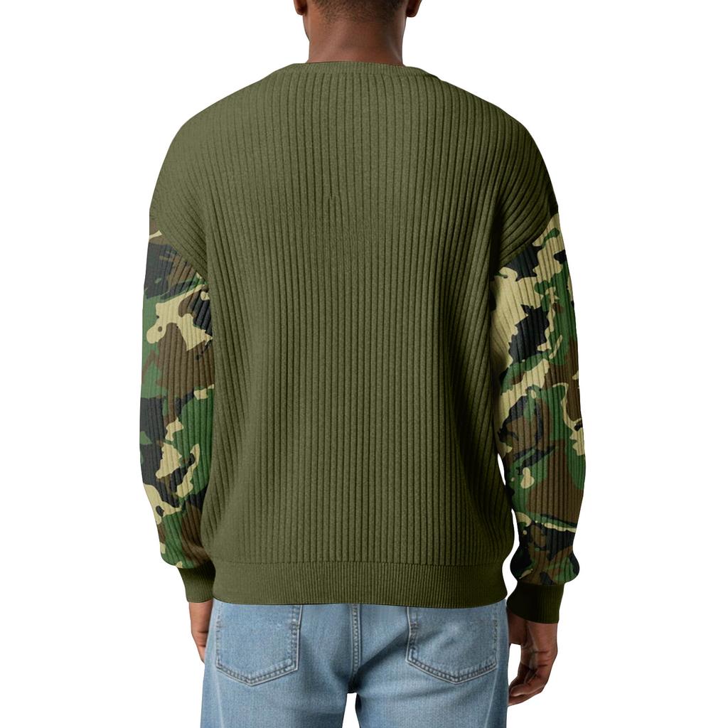 Men's Camouflage Stylish V-Neck Ribbed Textured Long-Sleeve T-Shirt