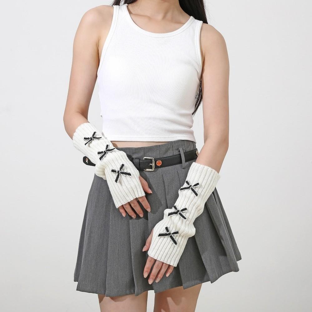 Thicken Y2K Fingerless Gloves Soft Knitted Sleeve Cover Fashion Bow Arm Warmers  Winter