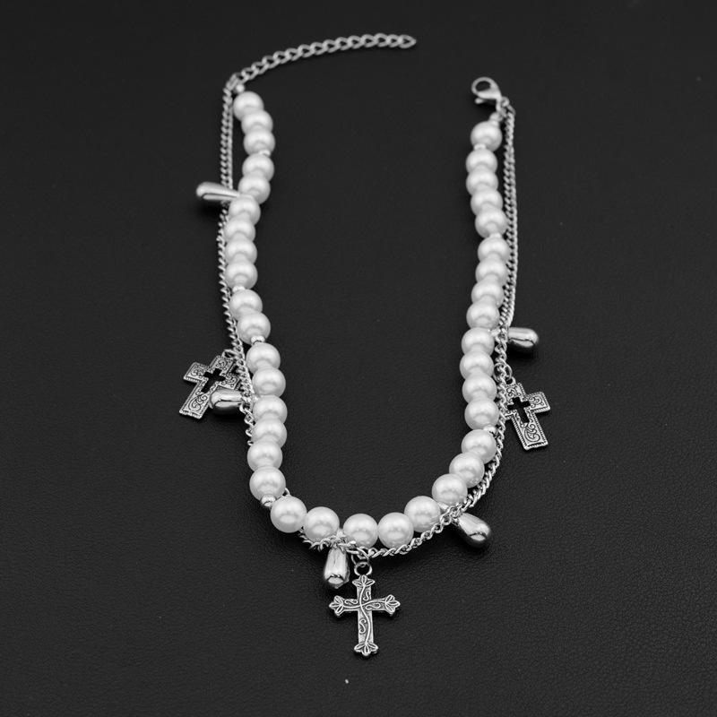 Cross vintage baroque chocker collarbone chain irregular pearl multilayer round bead necklace
