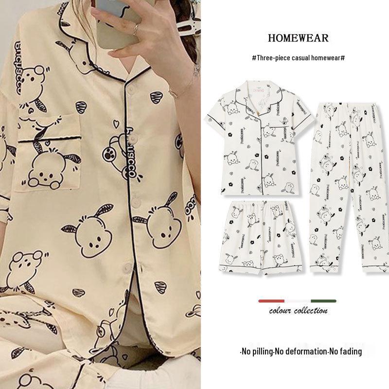 Summer Fashion Pajamas: Women's Short Sleeve Three-Piece Set with Cartoon Pacha Dog Design, Suitable for Home or Outdoors