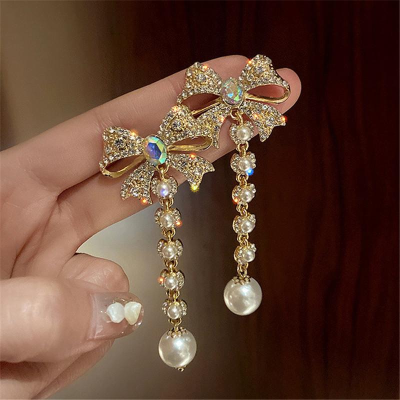 Bowknot Rhinestone Dangle Earrings for Women Long Tassel Pearl Earrings Weddings Party Zircon
