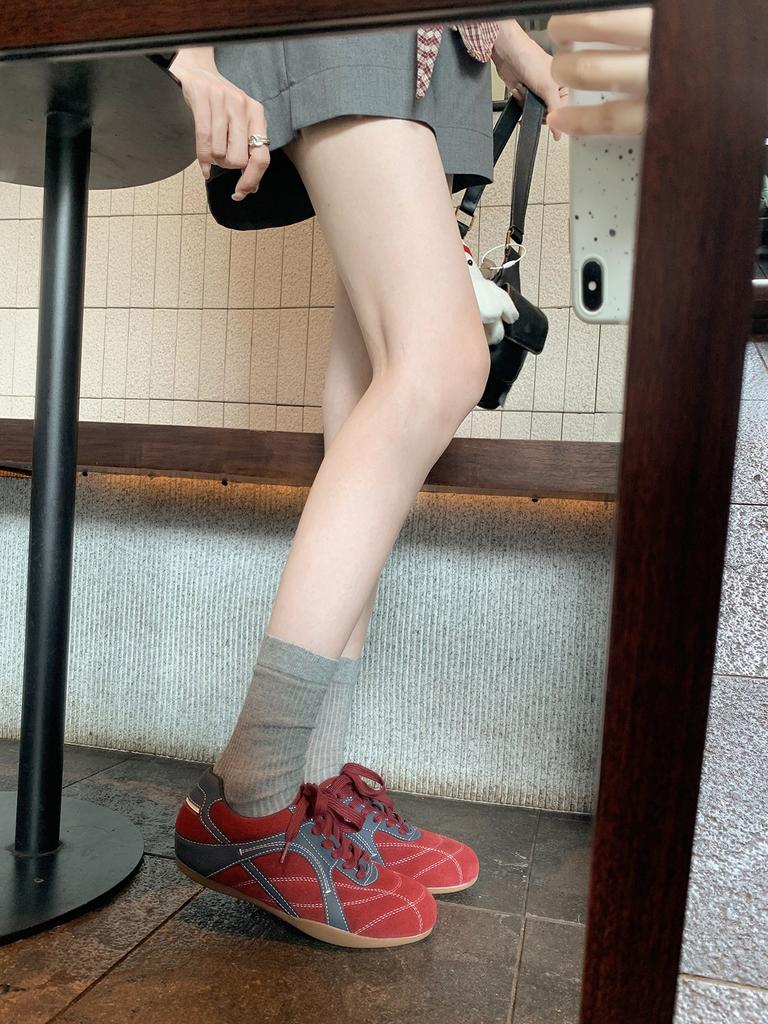 Cowhide version~ grape ma inner height increase 3cm fashionable color scheme lace-up round head splicing German training shoes women's casual spor