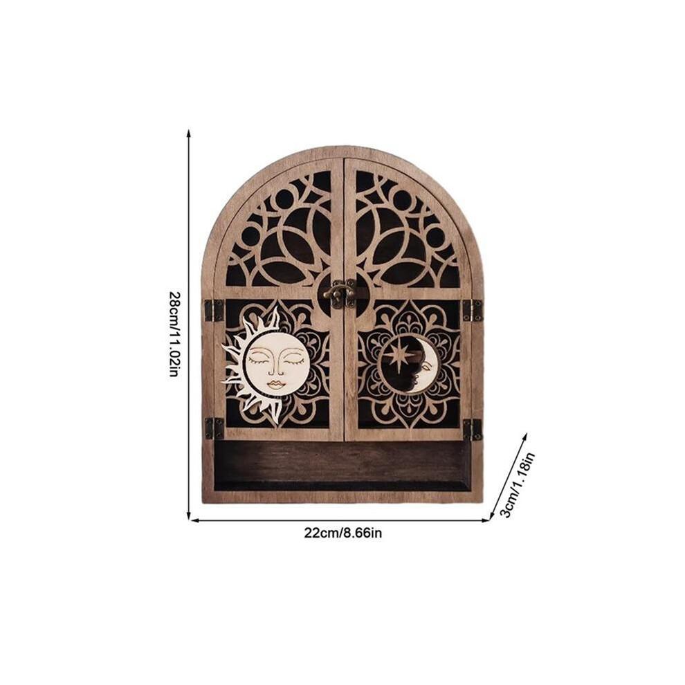 2X Sonnen-Mond-Kristall-Ausstellungsständer, 4 Regale, Natürliches Holzregal, Gothic-Hexe-Kristall-Vitrine für Wohnzimmer