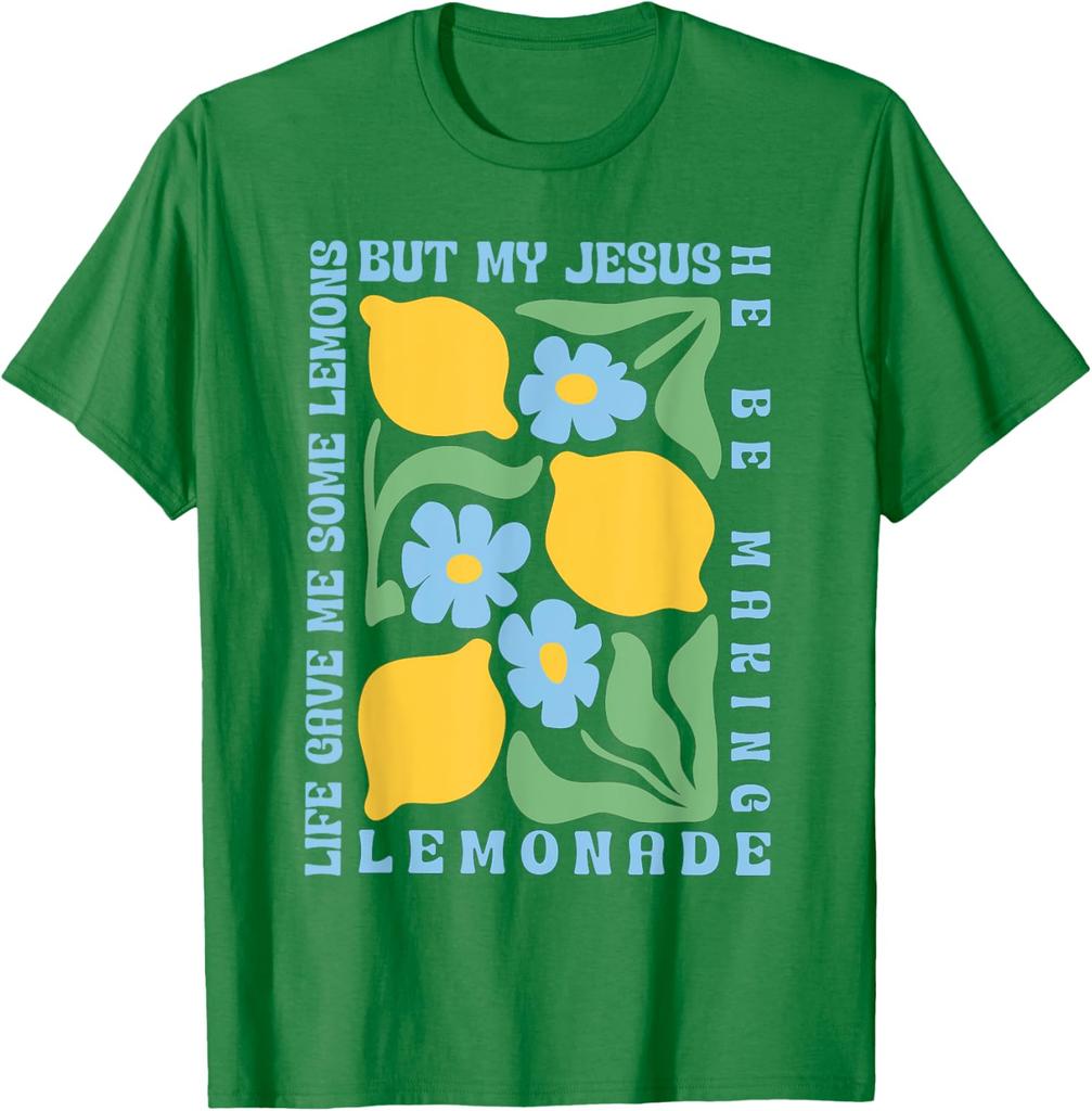 Jesus Making Lemonade Graphic Tee Religious Faith Christian Humor Short Sleeve T-Shirt Casual Tops