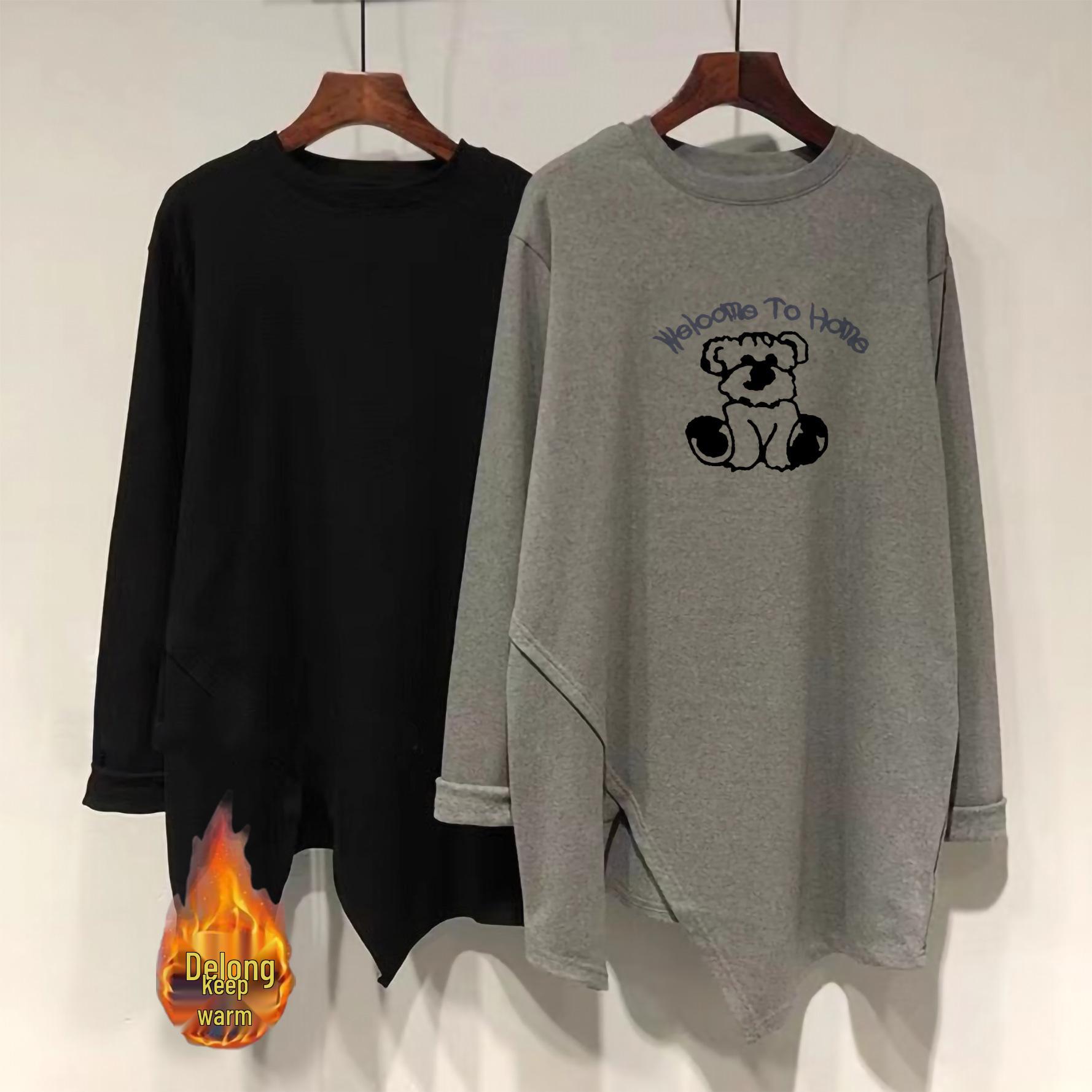 Irregular Split Brushed Thermal Long-Sleeve T-Shirt, Mid-Length, Loose Fit, Slimming Top L