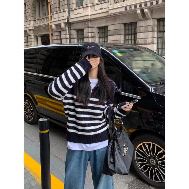 Autumn and winter new lapel sweater women's loose lazy style casual striped half zipper pullover knitted sweater
