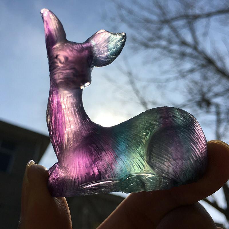 Hand Mini Carved Deer Natural Fluorite Quartz Crystal Gift Healing Home Decor
