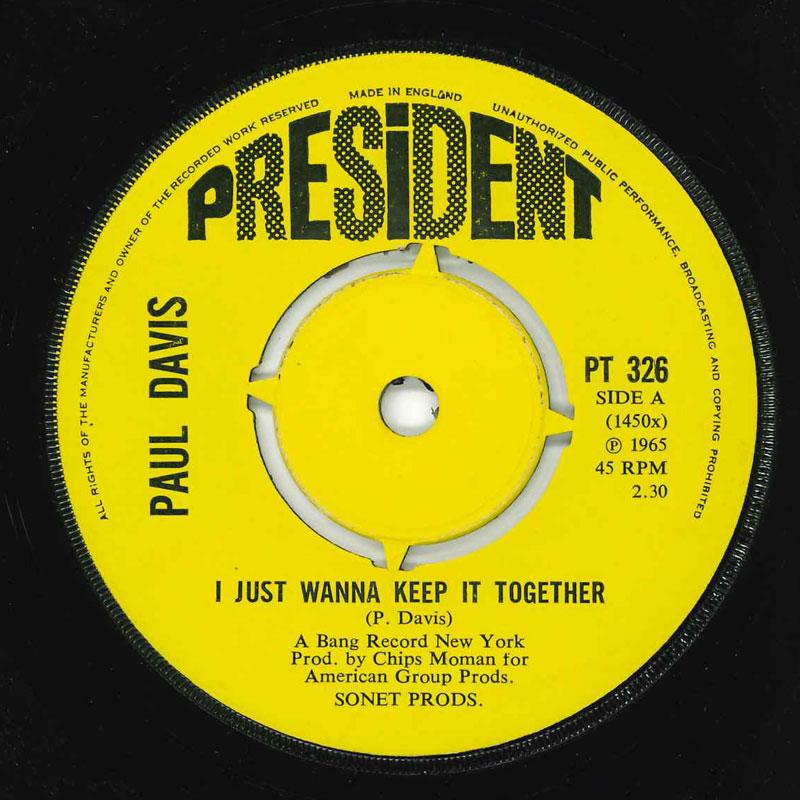 

7-дюймовая пластинка PAUL DAVIS I Just Wanna Keep It Together PT326 PRESIDENT 1971 Великобритания Рок Б/У