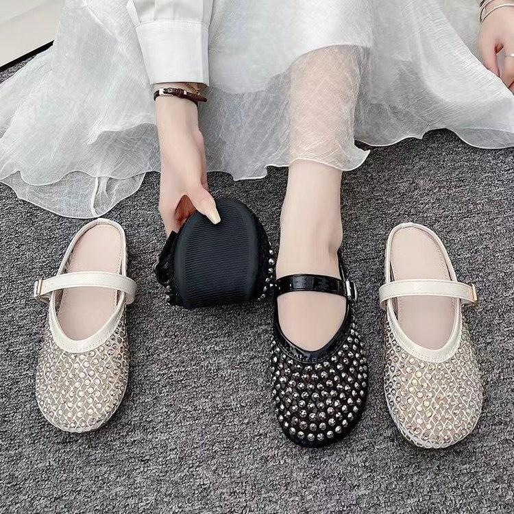 Premium sense rhinestone Mary Jane bag head half slippers women's 2025 new summer wear half tray single shoes French sandals