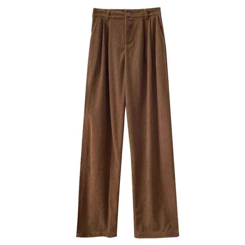 Retro cordfløyelbukser med høy midje Kvinner Vår Høst Rett Uformell bukser i full lengde Koreansk mote Baggy All Match Black Pant Plus Size