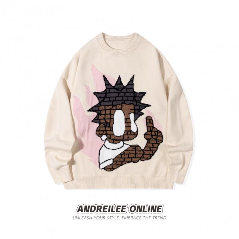Mens Hip Hop Cartoon Graphic Knit Sweater Loose Fit Casual Streetwear Couples Pullover