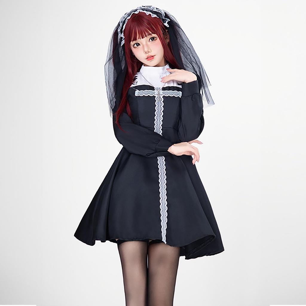Milky Time Gothic Lolita Dress, Black, Long Sleeves, Maid/Sister Cosplay Costume, Women's, Halloween (XL)