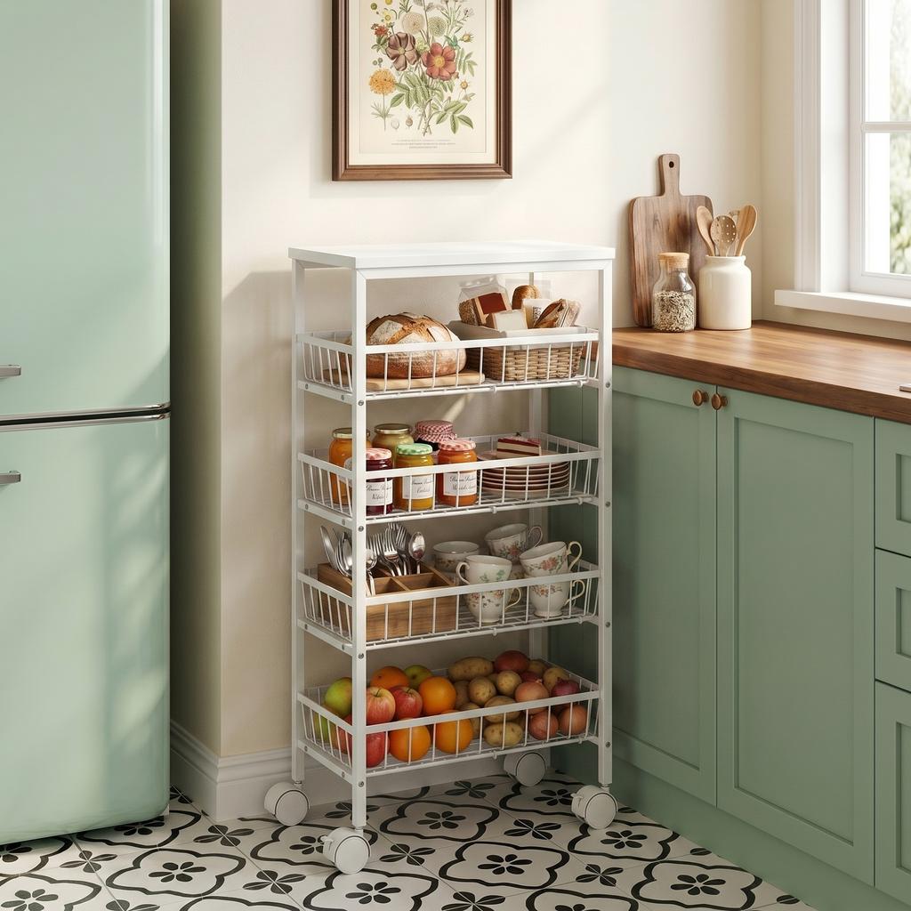4-tier storage cart, rolling utility cart with removable baskets, metal frame, white