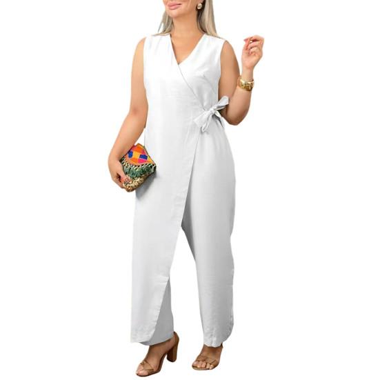 

Летний комбинезон без рукавов с V-образным вырезом, на шнуровке, с высокой талией, больших размеров, с широкими штанинами, однотонный асимметричный повседневный комбинезон для вечеринок и свиданий M