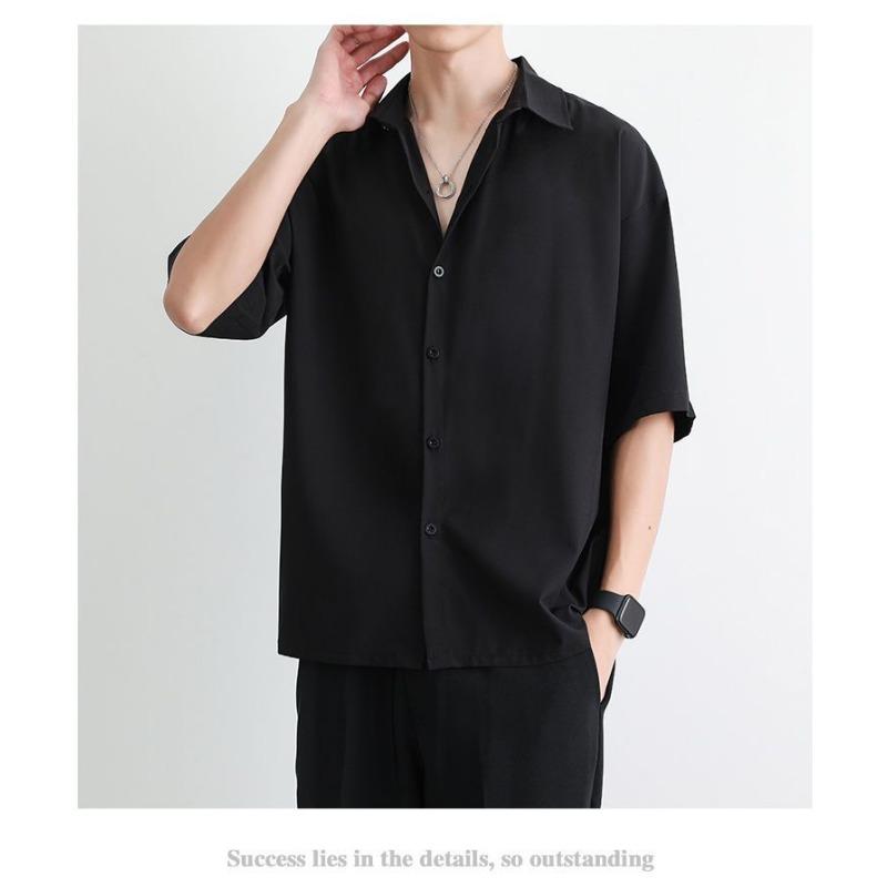 Men's Black Satin Short Sleeve Shirt Casual Oversized Streetwear Top