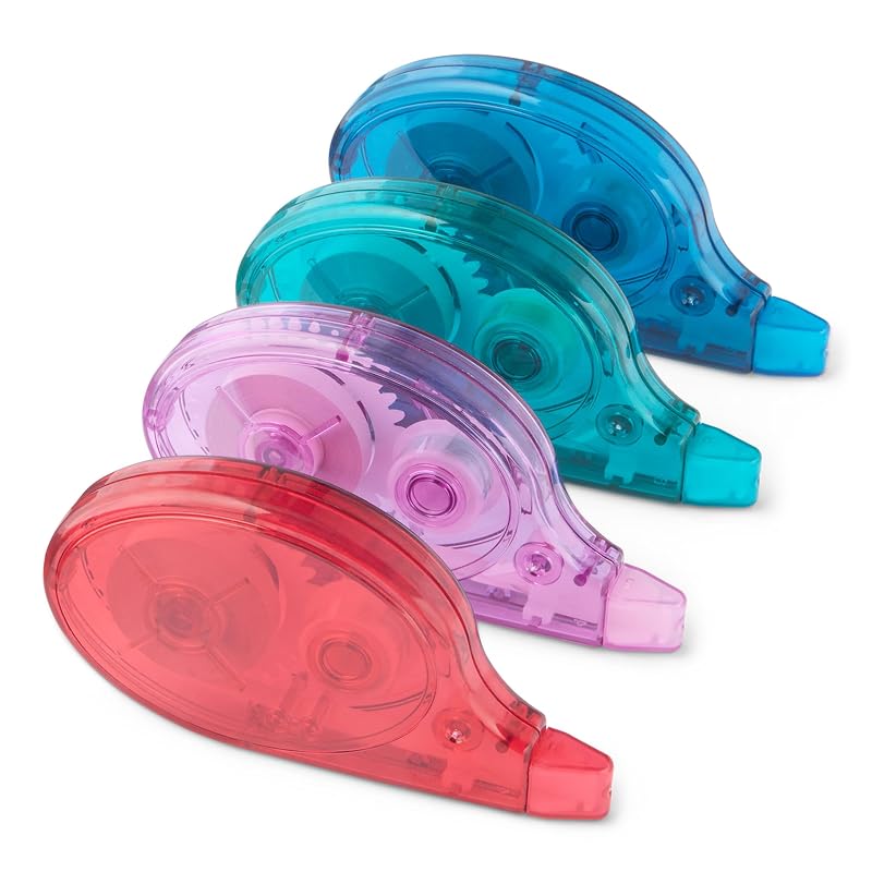 Amazon Basics Correction Tape, Approx. 4mm Wide, Double Roll (12m), 4-Pack, Side-Pull Type, Red/Blue/Green/Purple