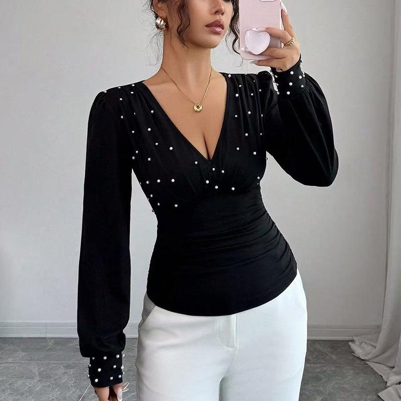 

2025 Versatile V-Neck Handmade Beaded Slim-Fit T-Shirt: Comfortable Autumn/Winter Fashion 2XL чорний