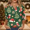 Women's Casual Christmas Print V-Neck T-Shirt with 3/4 Sleeves and Decorative Buttons