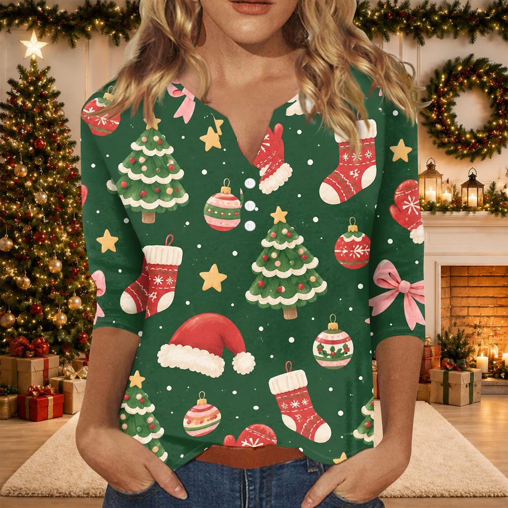 Women's Casual Christmas Print V-Neck T-Shirt with 3/4 Sleeves and Decorative Buttons