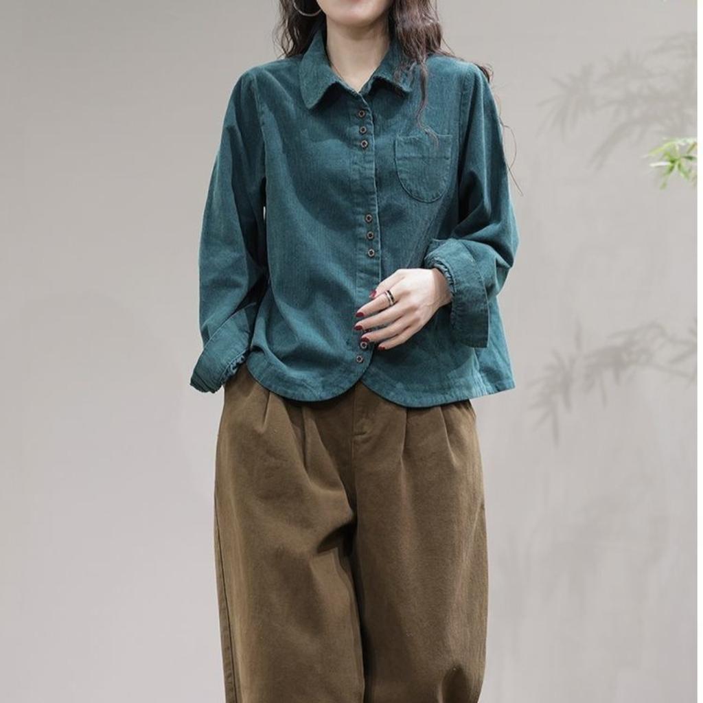 Spring Autumn New Shirt Fashion Art Leisure Long Sleeve Lapel Collar Corduroy Women's Shirt Cardigan Female Short Tops