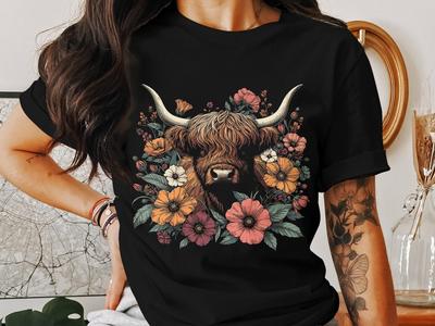 Highland Cow Floral T-Shirt: Bohemian Farm Style, Nature Lover Tee