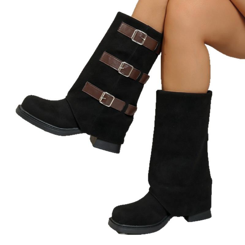 Women's Western Buckle Stacked Boots - Knee High Distressed Leather Cowboy Boots with Slouch Cuff, Vintage Platform Riding Boots