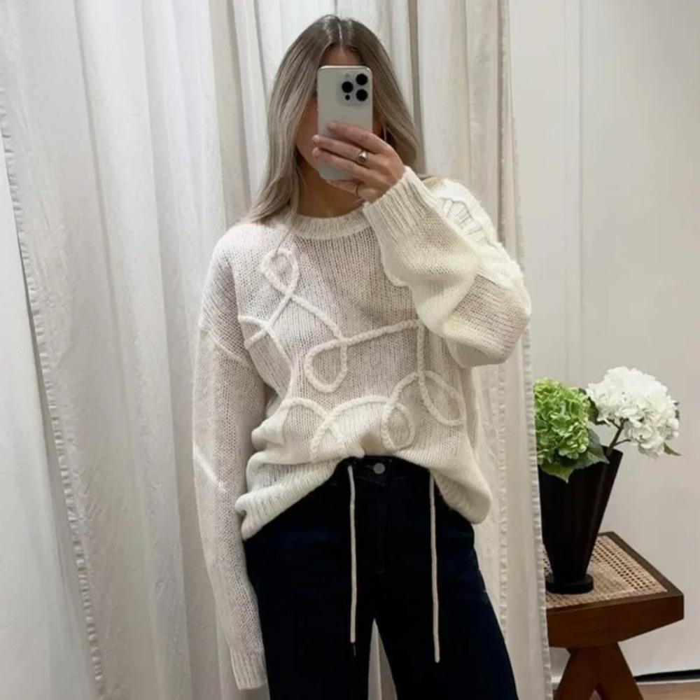 TRA&F Fashion Casual Pullovers For Women Solid Color Round Neck Long Sleeve Knitted Sweater Loose Female 2024 Autunn Winter New