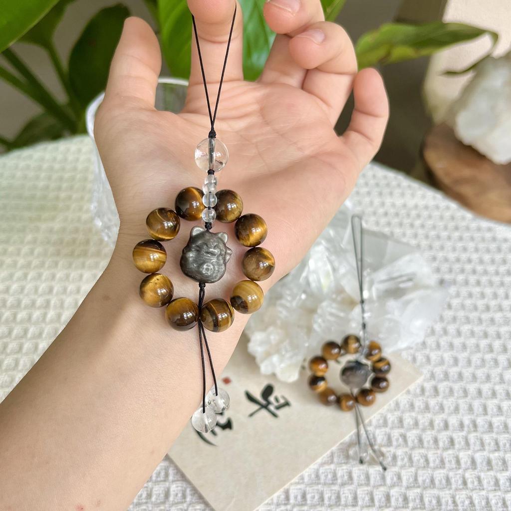 2025 Original Obsidian Tiger Eye Carved Kitten Phone Charm, High-End Design.