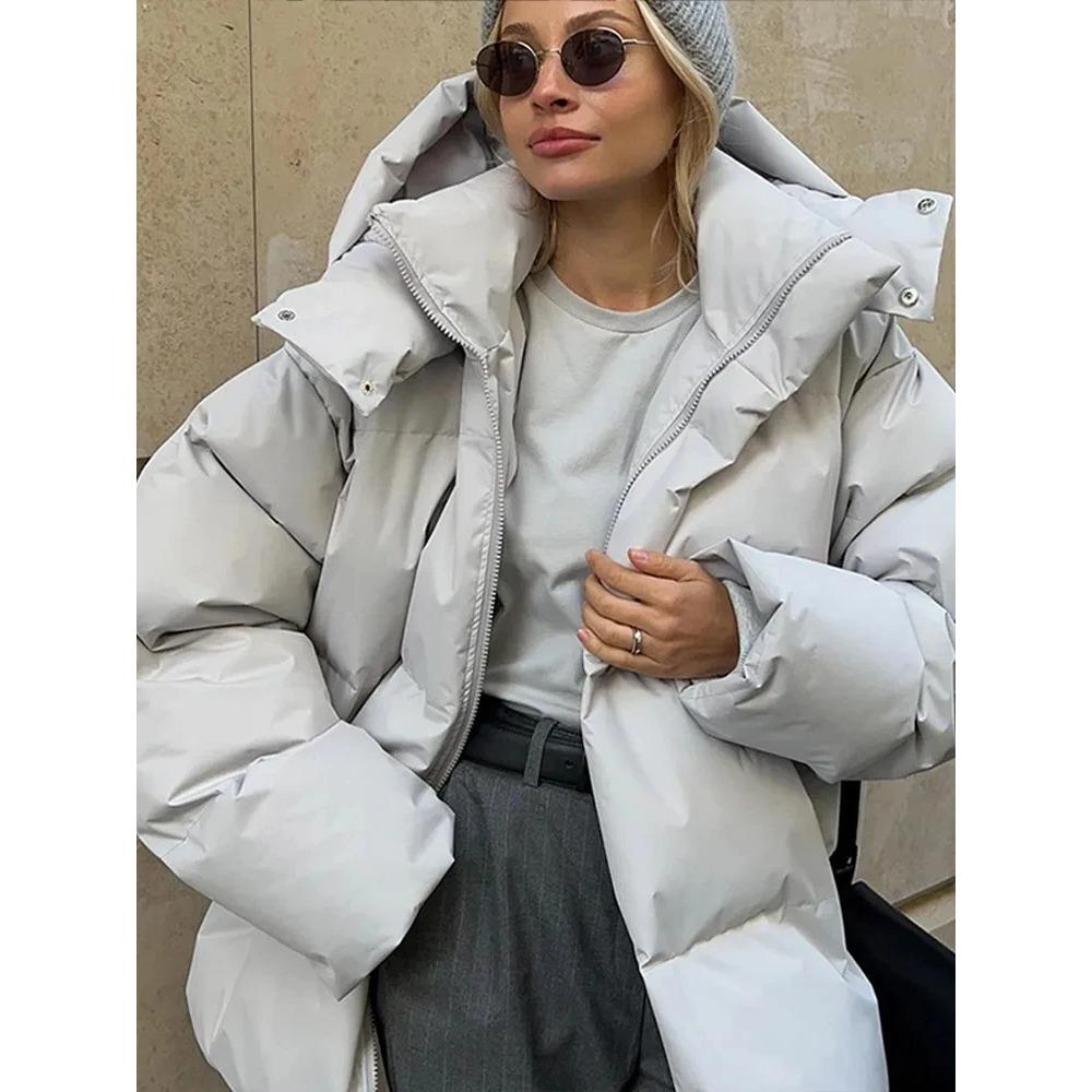 Fashion Thicken Hooded  Down Cotton Jacket for Women Long Sleeve Snow Coat Warm High Street Loose Parkas Oute
