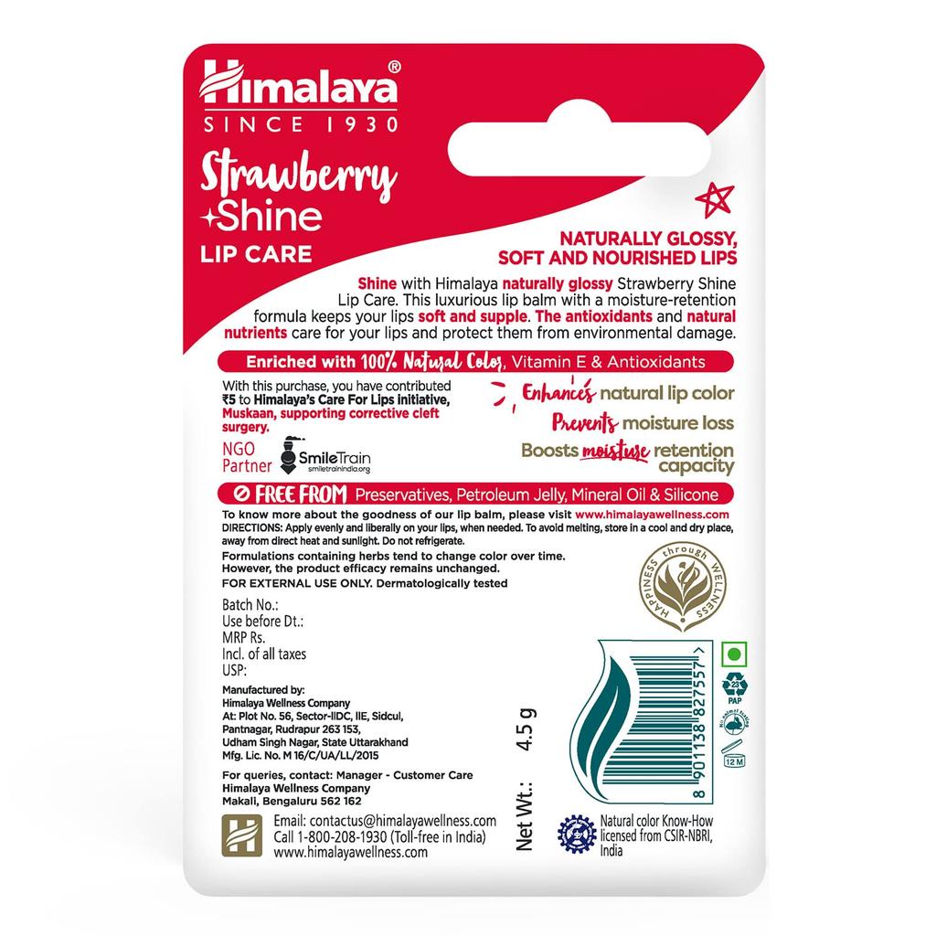 Himalaya Erdbeerglanz Lippenpflege 4,5g Packung mit 1 – Natürlicher glänzender feuchtigkeitsspendender Balsam für weiche geschmeidige Lippen mit langanhaltender Feuchtigkeit
