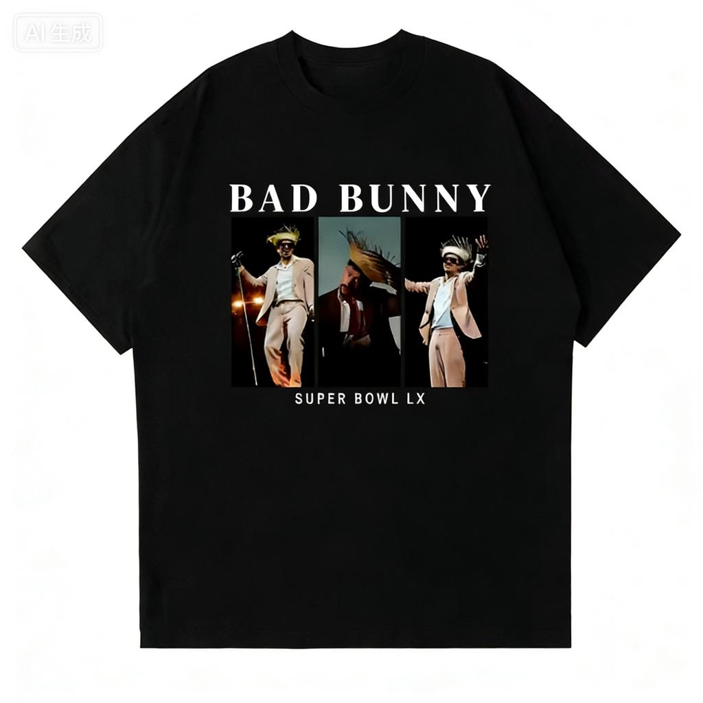Rapper Bad Bunny Super 2026 Springsummer Graphics print T shirt Unisex Women harajuku vintage streetwear Unisex pure Cotton Tops