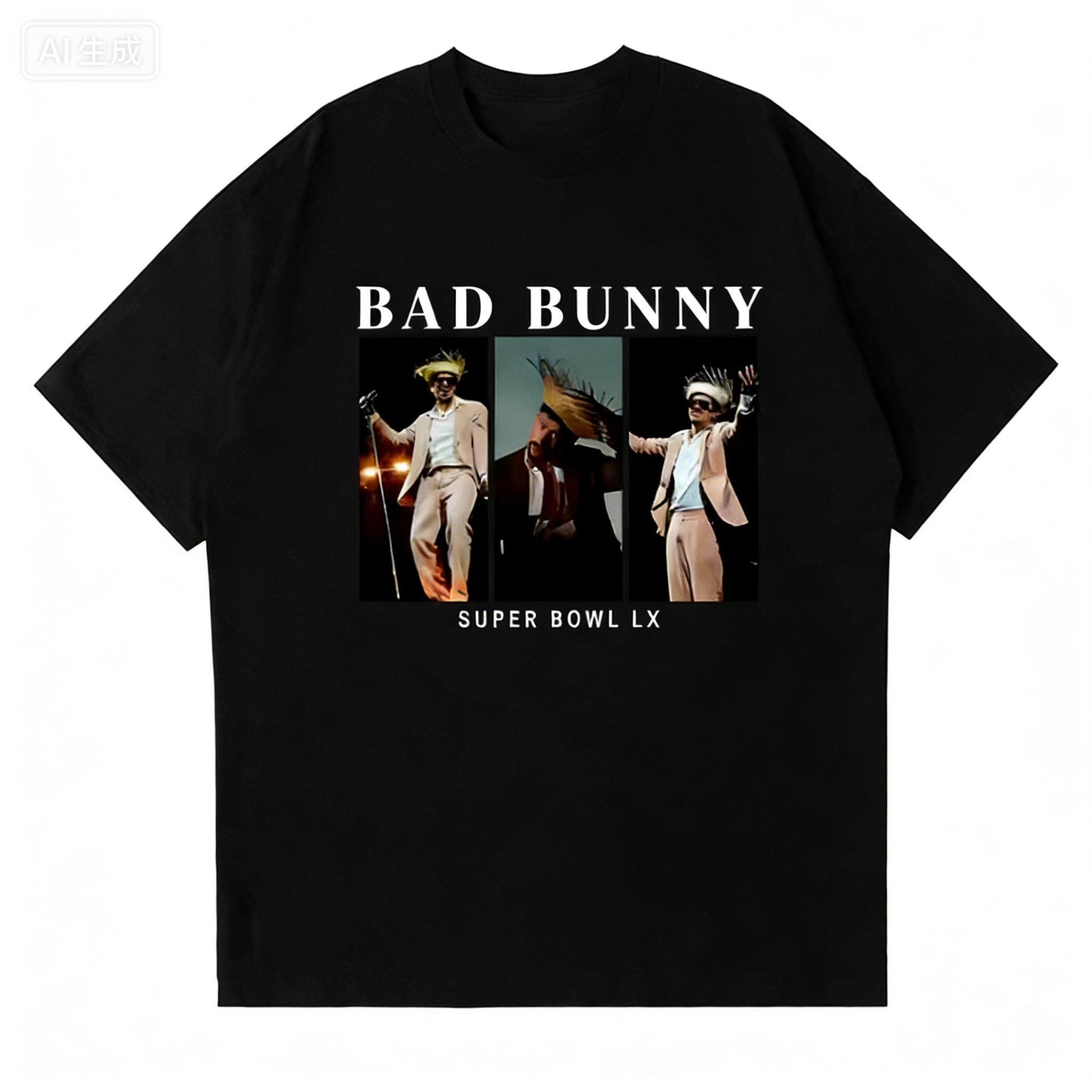 

Rapper Bad Bunny Super 2026 Springsummer Graphics print T shirt Men Women harajuku vintage streetwear Unisex pure Cotton Tops S