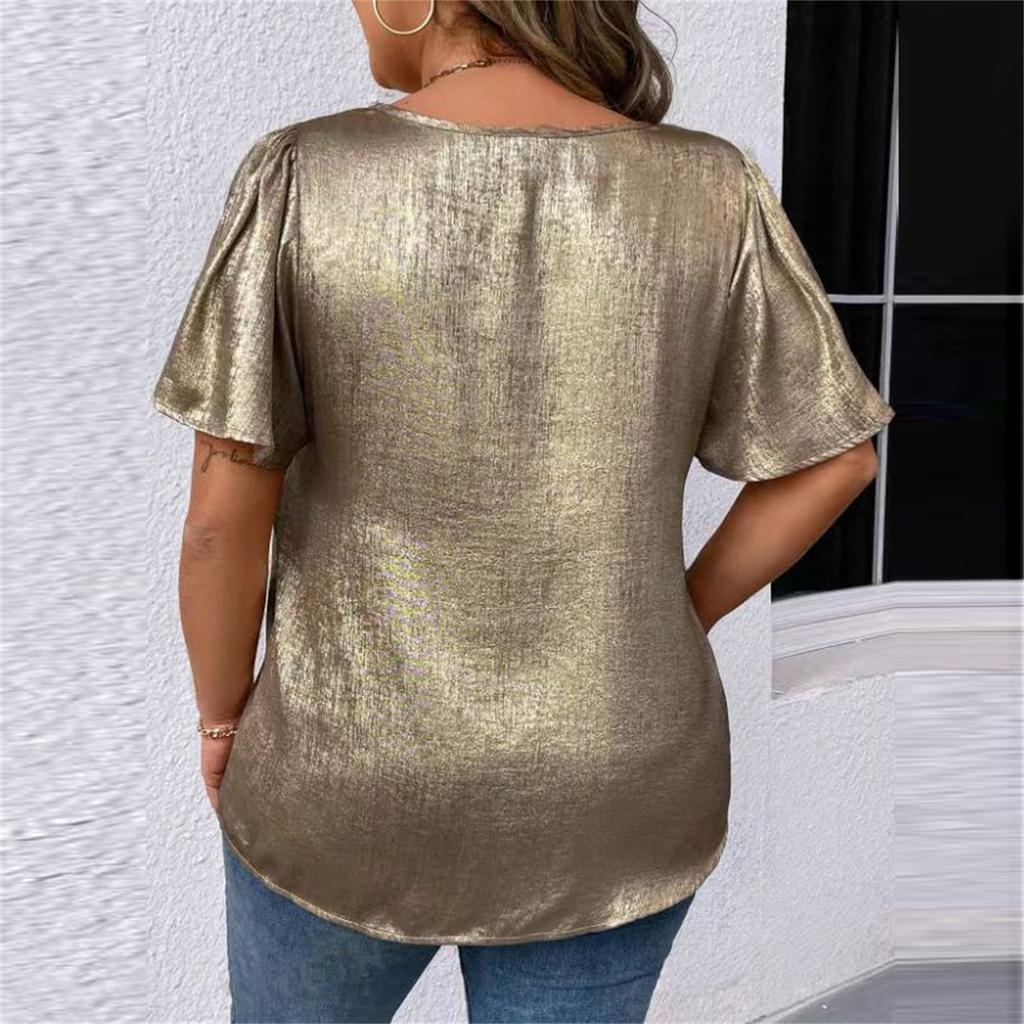 T Shirts For Women Pleated R-Neck Dressy Casual Blouses Printing Short Sleeve Summer Tops Loose Fit