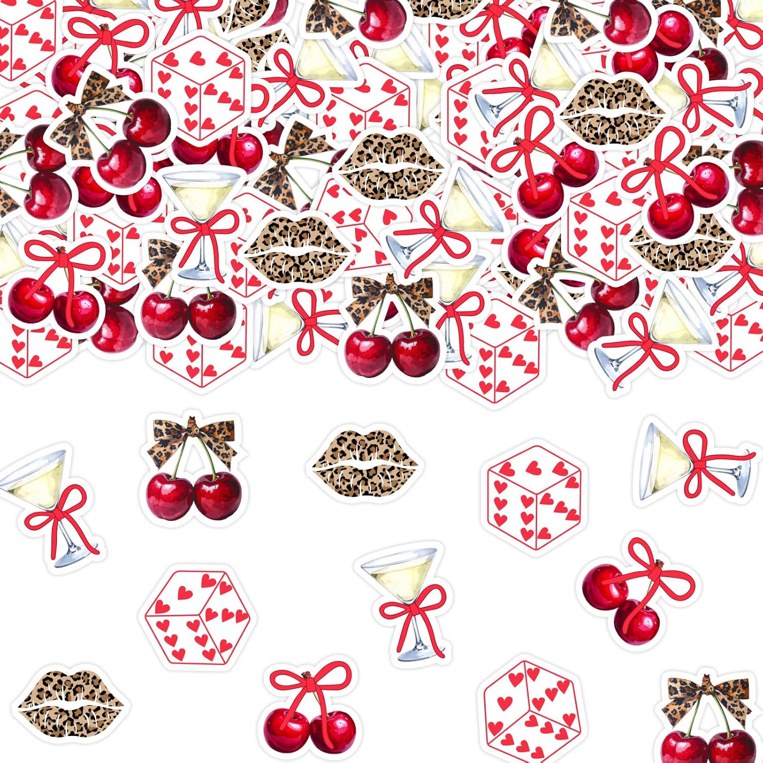 200Pcs Cherry Cheetah Bow Confetti - Red Cherry Bow and Leopard Themed Table Scatter for Birthday Bachelorette Engagement Wedding Baby Shower Party
