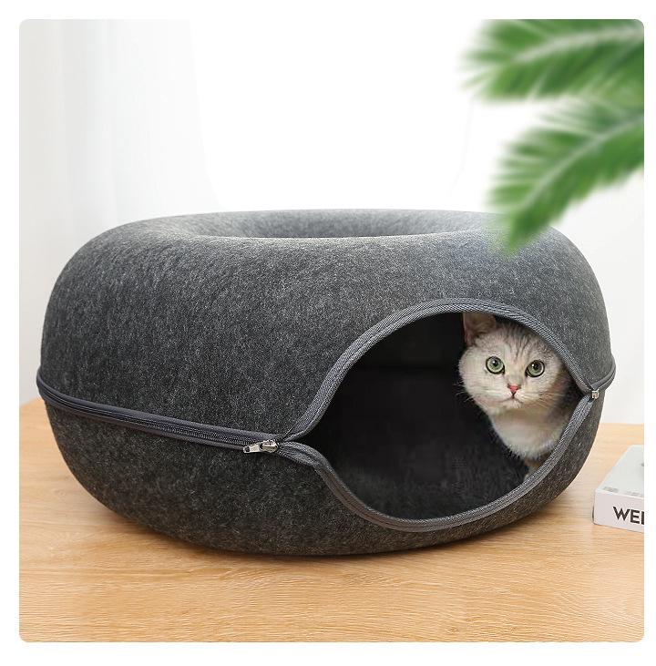 Detachable Felt Cat Bed: Semi-Enclosed Donut Tunnel for All Seasons