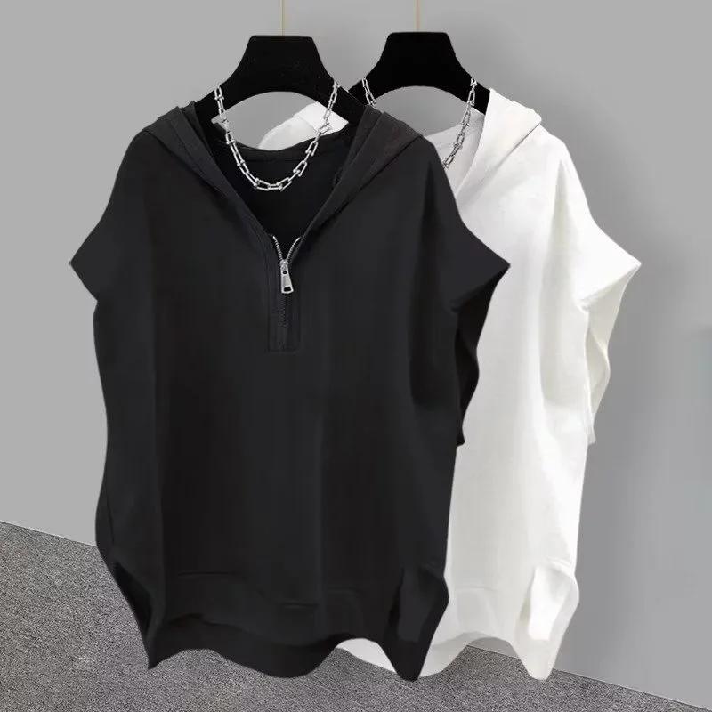 Summer Men's Zip up Sleeveless Hooded T-shirt Korean Fashion Tank Tops Y2K Streetwear Casual Vests Hip Hop Tee Shirts