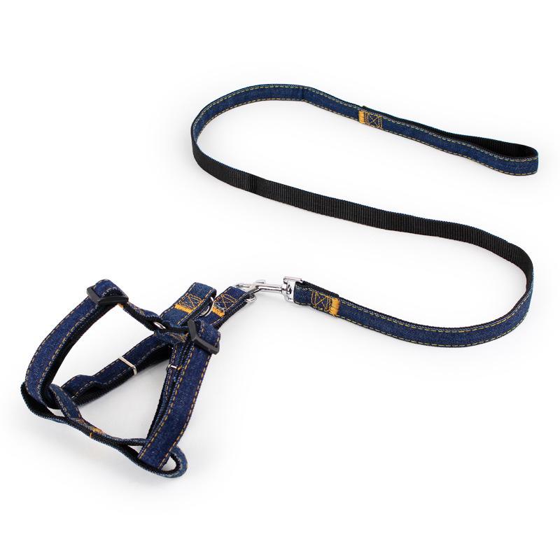 Denim-Stitched Dog Harness and Leash Set with Collar