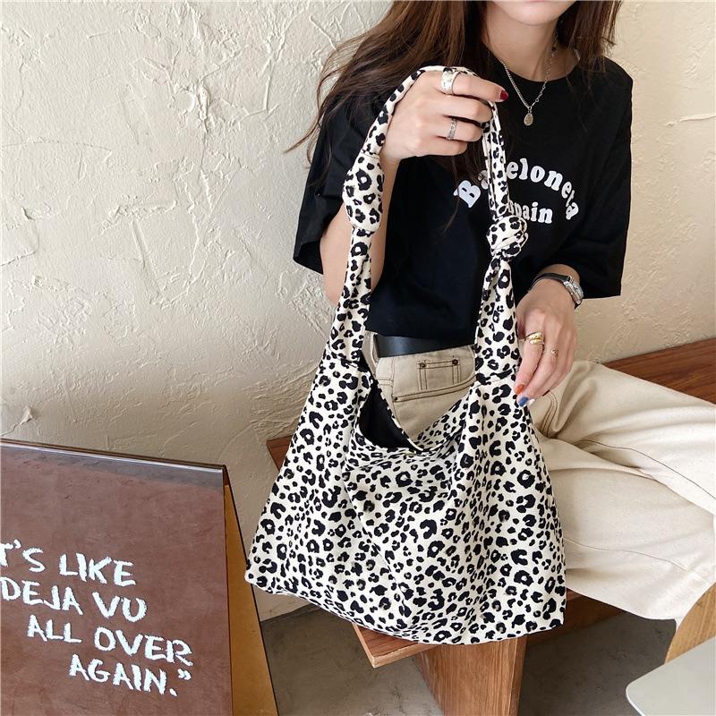 Trendy Leopard Print Buckle Oblique Span Bag Large Capacity Shoulder Shopping Bag Student Canvas Bag Women
