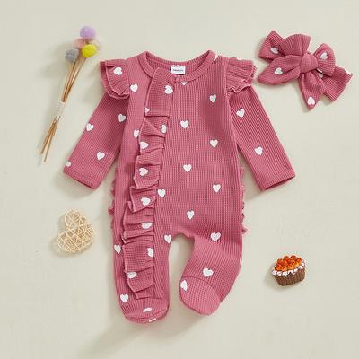 Conjunto de 2 piezas para bebé niña del Día de San Valentín, mameluco con volantes, corazón de amor, manga larga, cierre de cremallera con diadema de lazo