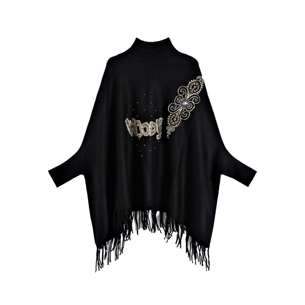 Autumn and Winter New Shawl Cape Female Letter Beads Embroidered Bat Sleeves Medium and Long Turtleneck Sweater Slim Knitted Sweater